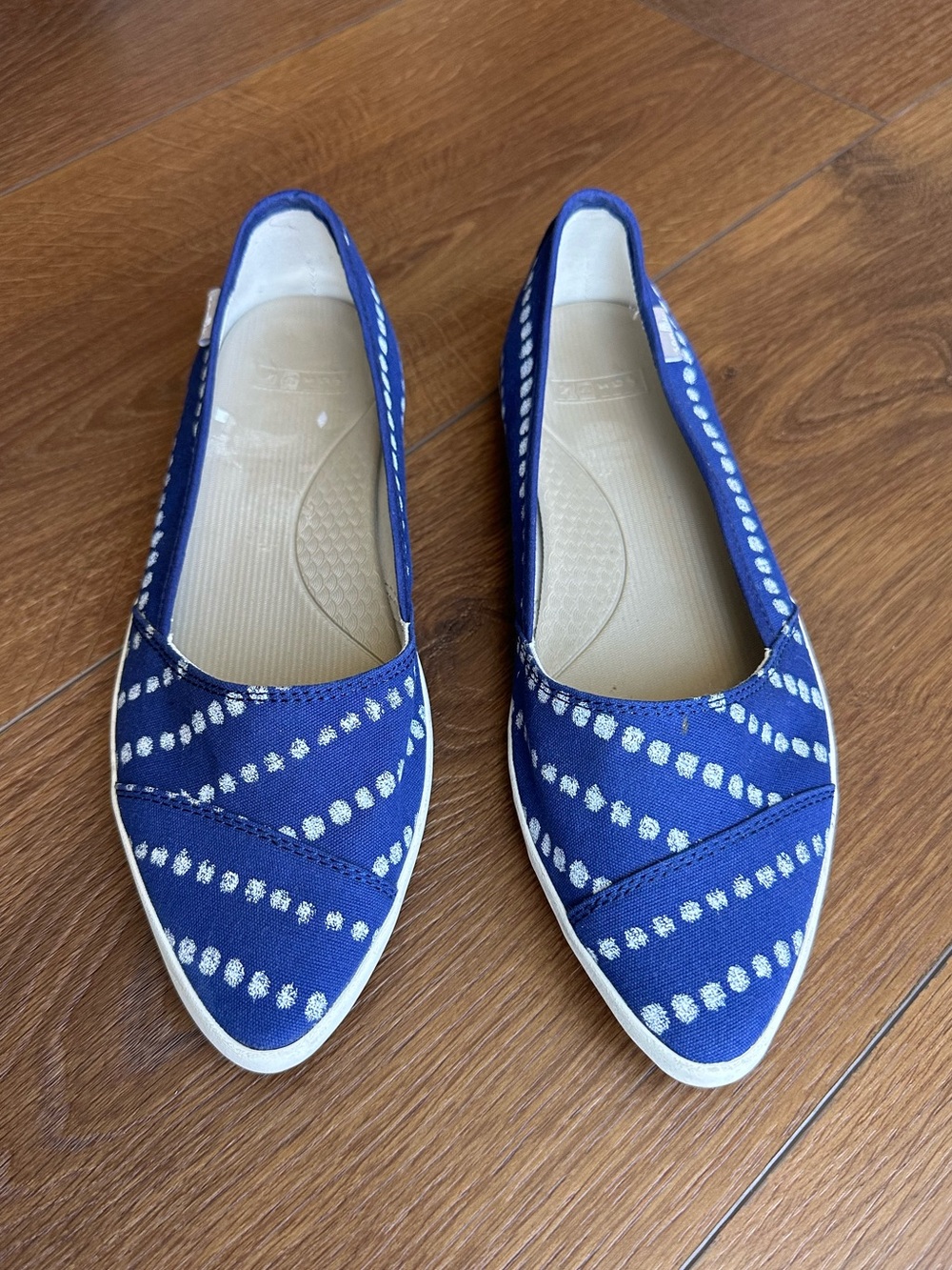 Sanuk Royal Navy Blue Pointed Canvas Slip-On Flats with White Dot Stripe